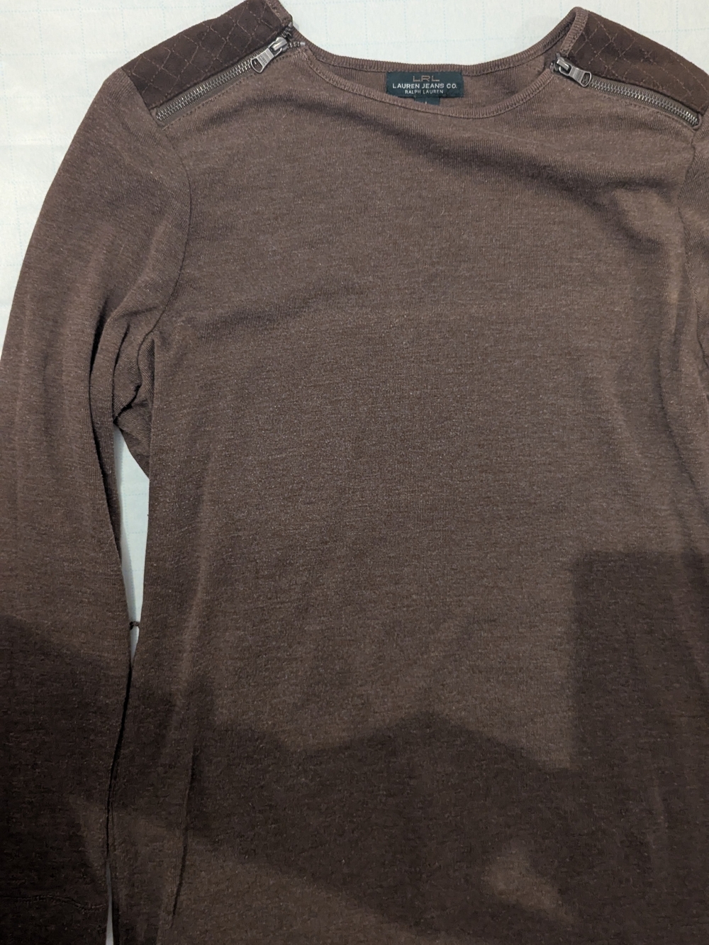 Lauren Ralph Lauren Brown Long-Sleeve Crewneck Shirt with Shoulder Zippers
